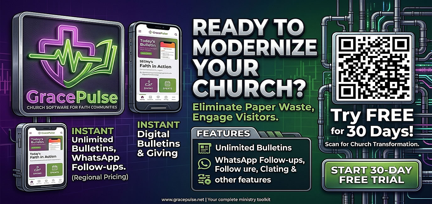 GracePulse Church Software Suite - PaperlessPew Digital Bulletins and VVIG Visitor Follow-up System Dashboard
